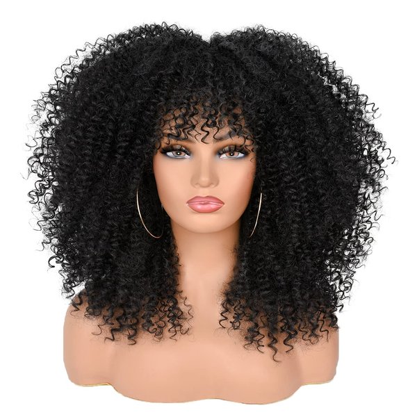 ANNISOUL 16Inch Curly Wigs for Black Women Black Afro Bomb Curly Wig with Bangs Synthetic Fiber Glueless Long Kinky Curly Hair