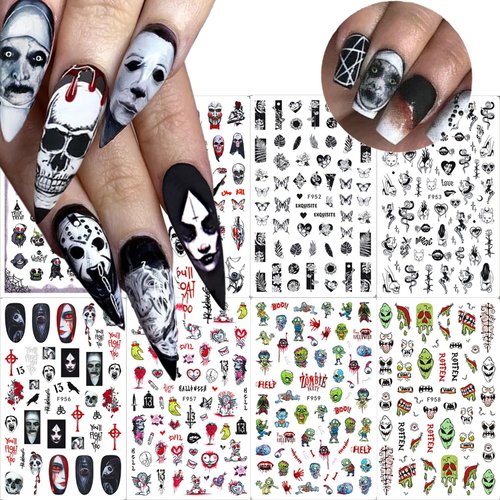 8 Sheets Halloween Nail Stickers Horror Ghost Skull Nail Stickers 3D Self-Adhesive Rose Butterfly Snake Evil Designs Bloody Gothic Nail Decals Halloween Stick on Nails for Women Girls Acrylic Nails