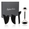 Black Obsidian Gua Sha Facial Tools Set of 4- Natural Jade Gua Sha Face Sculpting Tools Face Roller&Gua Sha Tool for Face, Double Chin Jawline Fascia Cellulite Remover& Point Treatment Christmas Gifts
