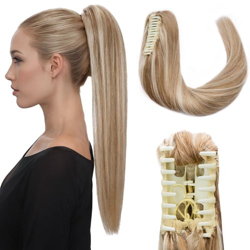 Hairro Claw Clip In Ponytails 100% Real Human Hair Ponytail Hair Extensions Jaw On Ponytail Jaw/Claw Clips Pony Tail Hairpieces For Women 14 Inch 105g #12P613 Golden Brown Mix Bleach Blonde