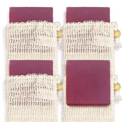 Age of Sage Natural Soap Bar w/Sisal Bag, Vegan Artisan Soap Bar Set for Women, Body Soap in Bar Soap Pouch, Natural Bath Soaps w/Essential Oils, 4 Plain Body Soap Bars, Raspberry