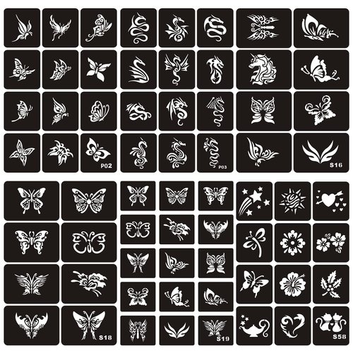Kotbs 6 Sheets Temporary Tattoos Stencils for Kids Girls, 67pcs Butterfly Dragon Patterns Body Paint Henna Stencils Kit, Glitter Tattoos Stencils for Halloween Party