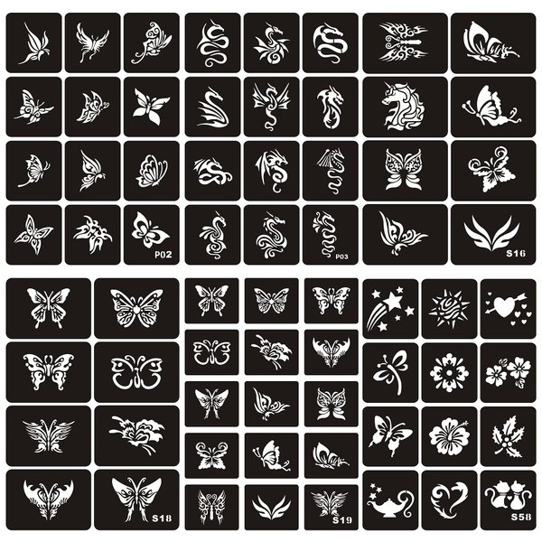 Kotbs 6 Sheets Temporary Tattoos Stencils for Kids Girls, 67pcs Butterfly Dragon Patterns Body Paint Henna Stencils Kit, Glitter Tattoos Stencils for Halloween Party