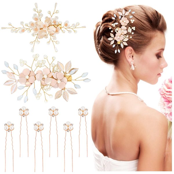 Dizila 8 Pieces Rose Gold Wedding Bridal Pearl Flower Hair Clips Barrettes+U-shaped Pearl Rhinestone Hair Pins Headpieces Accessories for Brides Bridesmaids Women Girls