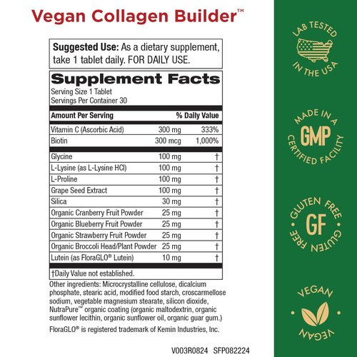 Vegan Collagen Builder - Organic Whole Foods Fruits + Veg, Silica, Lutein, Vitamin C, Biotin, Grape Seed - Amino Acids Glycine, Lysine + Proline Collagen Boosters - Once A Day - 30 Tablets