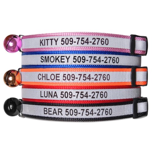 GoTags Personalized Reflective Cat Collars, Engraved Custom Cat Collar with Name and Phone Identification, Breakaway Collar with Safety Release Buckle and Bell, Adjustable for Cats and Kitten, (Blue)