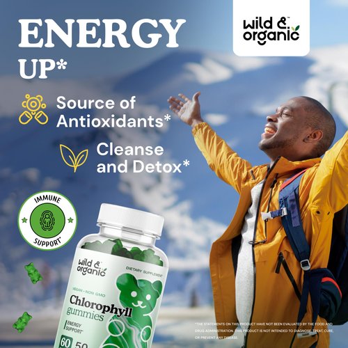 Wild & Organic Chlorophyll Gummies 50mg - Chlorophyll Supplements for Detox Cleanse - Internal Deodorant w/Sodium Copper Chlorophyllin - Chlorophyll Herbal Supplement - 60 Chlorophyll Powder Chews