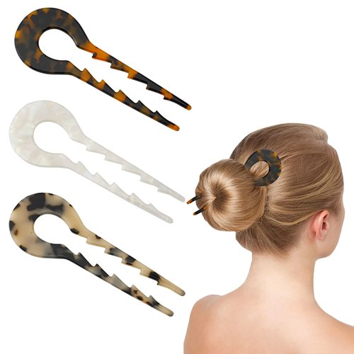 3Pcs U Shaped Barrettes 5.3 Inch Acetate French Hair Sticks Vintage Cellulose Acetate Tortoise Shell Hair Fork Hair Accessories for Women Girls Updos Long Thick Hair