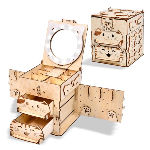 3D Wooden Puzzles Jewelry Box for Adults & Teens,DIY Wood Cat Model Kits with Glowing Mirror,Brain Teaser Hobby Building Projects,Ideal Creative Gifts for Kids Women Birthdays Christmas