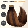 Belaved Tape in Hair Extensions Human Hair 100% Natural Hair Extensions Highlighted PU Tape in Hair Brown with Light Brown Glue on Hair Extensions 50 Grams 20 Pcs 14inch