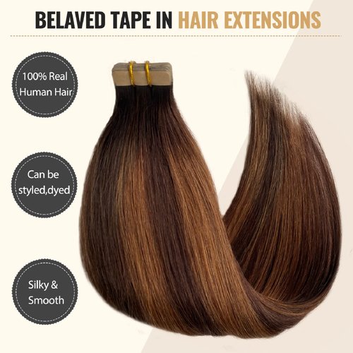 Belaved Tape in Hair Extensions Human Hair 100% Natural Hair Extensions Highlighted PU Tape in Hair Brown with Light Brown Glue on Hair Extensions 50 Grams 20 Pcs 14inch
