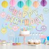 YEOCU Birthday Decorations, NO DIY, Pre-Strung Happy Birthday Banner with Honeycomb Balls, Hanging Swirls, Circle Dots Garland, Happy Birthday Party Decorations for Women Men Boys Girls (Pastel)