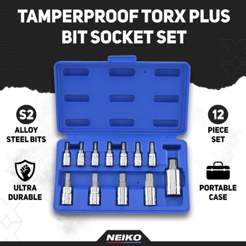 Neiko 10085A Tamperproof Torx Plus Bit Socket Set | 12 Piece | 8 IPR - 60 IPR | 5 Point Star | Cr-V and S2 Steel | High Impact ABS Blow Molded Case