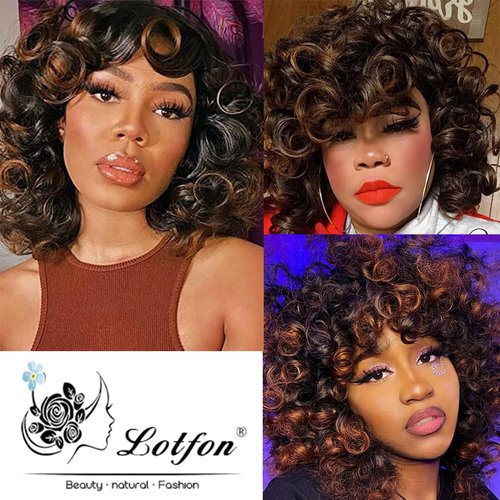 Lotfon Curly Wigs for Black Women Soft Honey Blonde Short Curly Wig with Bangs Afro Loose Curls Heat Resistant Synthetic Wig for African American Women (1B/30)