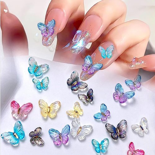 3D Aurora Butterfly Nail Art Charms Butterfly Nail Glitter Rhinestones Set Spring Butterfly Nail Colorful Butterfly Charms for Nails Acrylic Design Cute Butterflies Nails Charms DIY for Manicure Craft