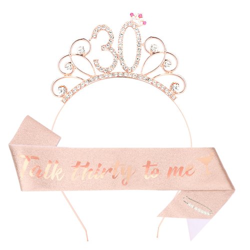 YARIEW 30th Birthday Decorations 30th Birthday Headband + 30 Talk Thirty To Me Birthday Sash + Pearl Pin Set, 30th Birthday Sash and Tiara for Women, 30th Birthday Gifts for Women