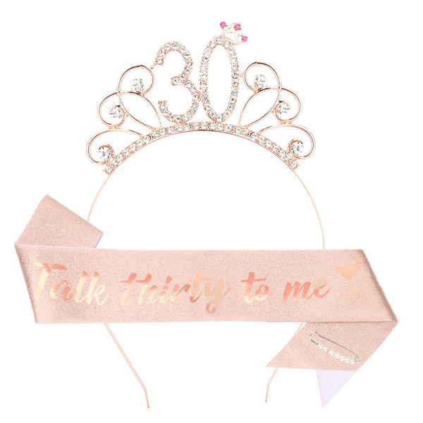 YARIEW 30th Birthday Decorations 30th Birthday Headband + 30 Talk Thirty To Me Birthday Sash + Pearl Pin Set, 30th Birthday Sash and Tiara for Women, 30th Birthday Gifts for Women