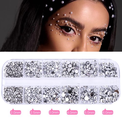 RODAKY 2000Pcs AB Silver Half Pearls for Crafts,Flatback Half Round Pearl for Nails,6 Sizes AB Silver Pearl Beads Rhinestones for Nails Art Design DIY Crafts Jewelry Making Clothe Shoes Decoration