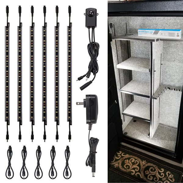 TORCHSTAR LED Safe Lighting Kit, (6) 12 Inch Linkable Light Bars + Motion Sensor + UL Power Adapter, 900LM, Input 100-240V, for Under Cabinet Gun Safe Locker Closet Showcase, 5000K Daylight