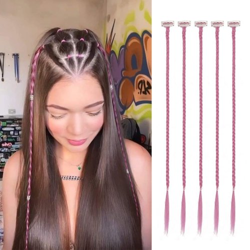 Braid Hair Extensions, 5 PCS Baby Braids Front Side Bang Curtain Bang Clip in Hair Extensions Long Braided Hair Piece Natural Soft Synthetic Hair for Women Daily Wear 22 Inch (Dark Pink)