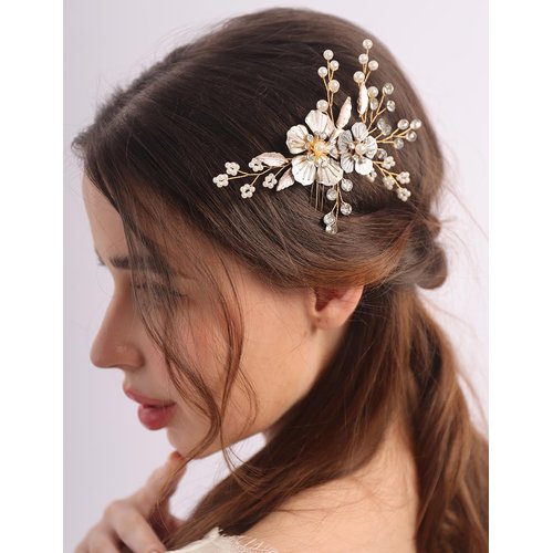 BERYUAN Wedding Flower Leaves Hair Comb Pearls Rrhinestone Crystal Wedding Headpiece Gold Flowers Leaves Pearls Wedding Hair Comb Gold Wedding Bridal Hair Comb for Brides Bridesmaid