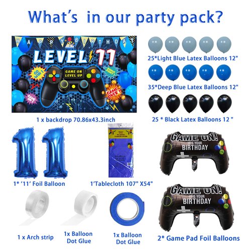 Vlipoeasn 90PCS 11th Birthday Video Game Party Decorations for Boys Set Blue 11th Birthday Supplies -11th Video Game Backdrop, Balloons, Tablecloth, Gamer and 11 Foil Balloons for 11th Birthday Party