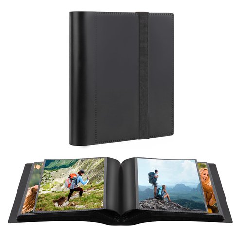 Aevdor Photo Album 5x7 Holds 64 Photos Black Inner Pages with Strong Elastic Band, Small 5x7 Photo Album, Mini Picture Book for 5x7 Artwork, Photos, Kids Art Storage, Postcards, Drawings (Black)
