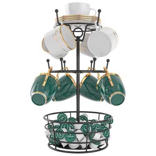 Visentor Coffee Mug Holder Tree Stand - Rotatable Metal Coffee Mug Rack Holder, 3 Tiers Handle Coffee Cup Holder for 10 Mug Hooks with Cup Pods & Saucer Basket Storage for Bar Kitchen Counter Black