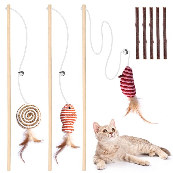 Cat Toys for Indoor Cats, 3pcs 16 Inch Natural Wood Cat Teaser Wand Toy with Teaser Refills for Cat Kitten Having Fun Exerciser Playing, Bonus 5pcs Catnip Sticks for Cat Teeth Cleaning