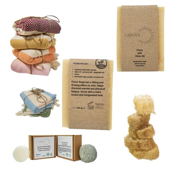 LABUES Natural Handmade Gift Set - Travel Size Shampoo Bar and Conditioner-10-15 hair washes, Hand Made Lavender Soap, Natural Loofa and Turkish Face Towel – Calms and comforts.