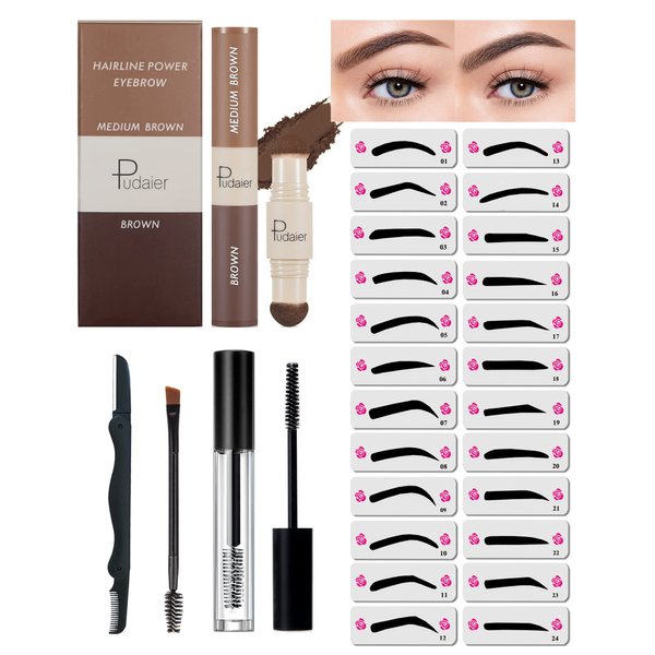 Eyebrow Stamp Stencil Kit-2 Colors One Step Brow Makeup Set with 1 Clear Eyebrow Setting Gel, 24 Brow Stencils, 1 Brush & 1 Razor, Long Lasting Waterproof Brow Makeup for women (Medium Brown & Brown)