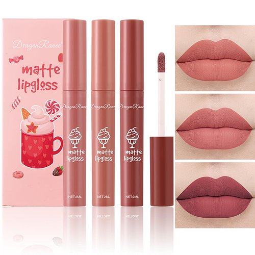 Tiejdhr 3Pcs Nude Matte Lipstick Set, Ice Cream Velvet Smooth Matte Lip Gloss, 24 Hour Natural Long Lasting & Nourishing Lip Glaze Non-stick Cup for Women Makeup (Set C)