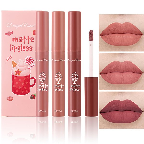 Tiejdhr 3Pcs Nude Matte Lipstick Set, Ice Cream Velvet Smooth Matte Lip Gloss, 24 Hour Natural Long Lasting & Nourishing Lip Glaze Non-stick Cup for Women Makeup (Set C)