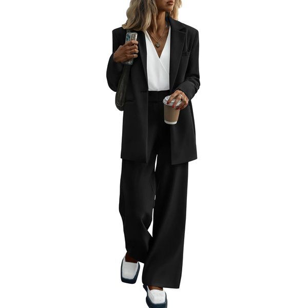 PRETTYGARDEN Women's 2024 Fall Two Piece Outfits Blazer Jacket and Wide Leg Pants Pockets Business Casual Suit Sets (Black,Medium)