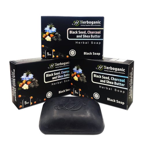 HERBOGANIC Black Seed, Charcoal and Shea Butter Herbal Soap | Natural Bar Soap for Face and Body | Purifying and Nourishing | Infused with Black Seed, Charcoal and Shea Butter | 5 Oz - (Pack of 3)
