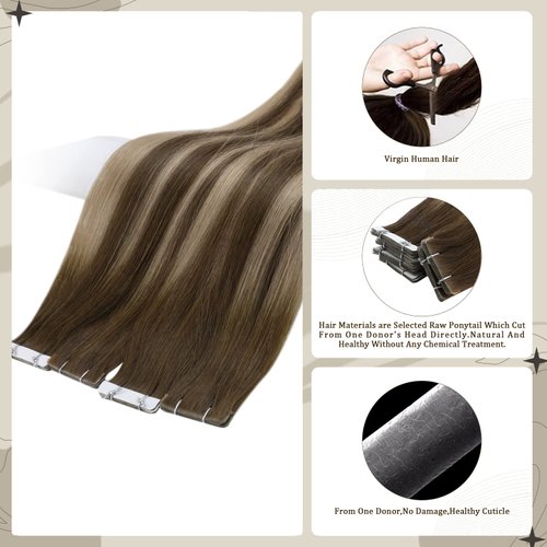 Full Shine Ombre Intact Tape in Hair Extensions Color 4/27/4 Balayage Virgin Injection Tape in Human Hair 24 Inch Seamless Tape in Extensions 12.5 Gram 5 Pcs Invisible Tape Extensions for Women