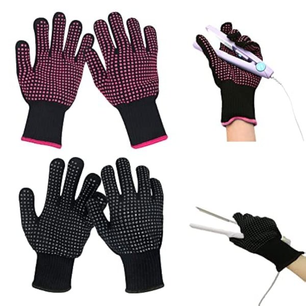 SiaCroly 2 Pairs Heat Resistant Gloves With Silicone Bumps, Professional Heatproof Glove, Heat Protection Mitts for Hair Tools Flat Iron and Curling Wand