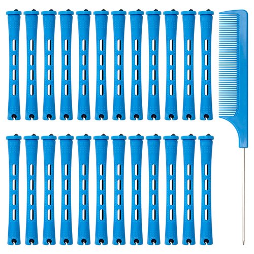 Coolrunner Hair Perm Rods Set, 60PCS Blue Plastic Curler Perming Rods with Steel Pintail Comb, DIY Hair Curler Styling Tools for Hairdressing Hair (0.9cm)