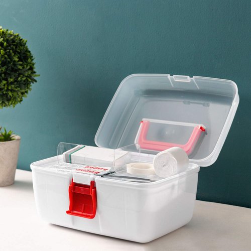 MyGift 10 Inch Multipurpose Portable White Plastic Storage Box with Removable Tray, Clear Lid and and Red Handle and Latch Lock, Home First Aid Storage Tool Box Sewing Kit Organizer Carrying Case