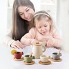 Wooden Tea Party Set for Little Girls 14pcs Toddler Tea Set with Silicone Teapot Cups Carrying Tray Scoop Kids Kitchen Accessories Pretend Play Wooden Toys for 3 4 5 6 Year Old Girl Birthday Gift