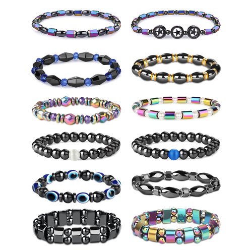 12Pcs Hematite Magnetic Bracelets Set for Men Women Magnetic Ankle Bracelet Circle Star Rainbow Magnet Stone Bracelet