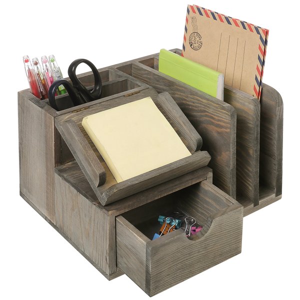 MyGift Ash Gray Wood Desktop Organizer with Drawer, Mail Sorter, Sticky Note Pad Holder, Wooden Desk Storage Caddy for Office/Home