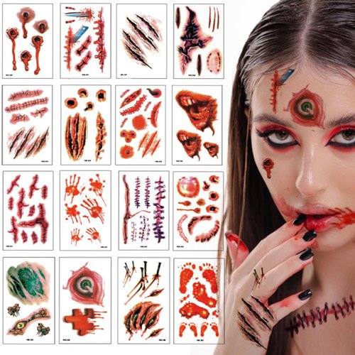 Generic Halloween Scar Tattoos 30 Sheets Temporary Tattoos Waterproof Zombie Makeup Fake Bloody Wound Stitch Scar Party Tattoos Sticker
