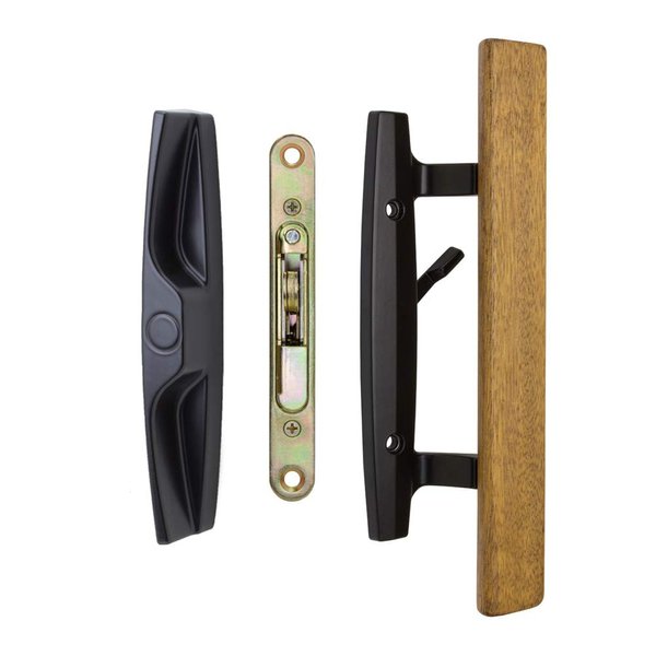 Lanai Sliding Glass Door Handle and Mortise Lock Set with Oak Wood Pull in Black Finish, Standard 3-15/16” CTC Screw Holes, 1-3/4" Door Thickness