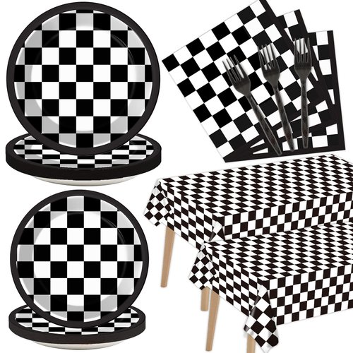 98 PCS Black and White Checkered Racing Party Supplies Car Party Tableware Set Race Car Party Dinnerware Decorations Racing Themed Tablecloth Plates Car Sports Napkins Forks for Birthday Party