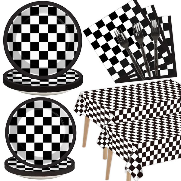 98 PCS Black and White Checkered Racing Party Supplies Car Party Tableware Set Race Car Party Dinnerware Decorations Racing Themed Tablecloth Plates Car Sports Napkins Forks for Birthday Party