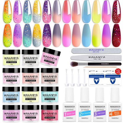 wakaniya Dip Powder Nail Kit-12 Colors Dip Manicure Kit Glitter Sun Color Changing Dipping Powder Set with Base Top Coat for Professionals Beginners Classic French Nail Art Home Salon DIY