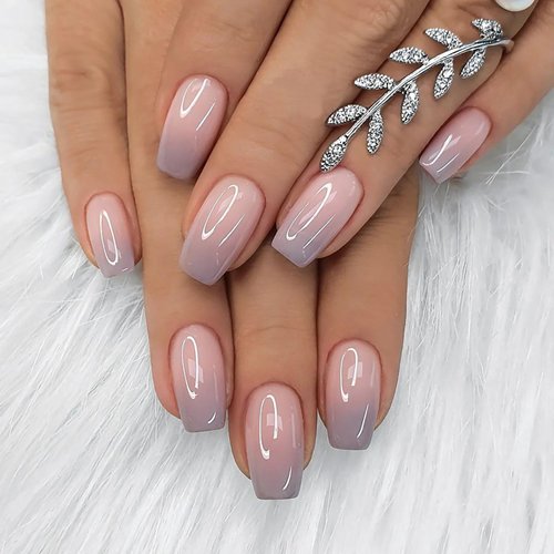 Press on Nails Short Fake Nails Coffin False Nails with Glue Purple Pink Gradual Nude Color Glue on Nail Foll Cover Stick on Nails For Women Girls 24PCS