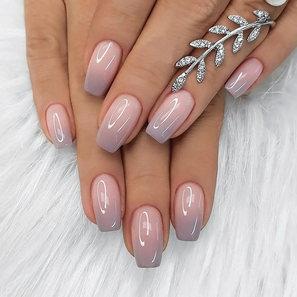 Press on Nails Short Fake Nails Coffin False Nails with Glue Purple Pink Gradual Nude Color Glue on Nail Foll Cover Stick on Nails For Women Girls 24PCS