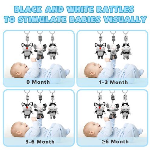 XIXILAND Black and White Baby Toys 0-3 Months, Car Seat Toys Stroller Toys Hanging Rattle Toys, Infant Toys Newborn Toys High Contrast Baby Toys with Wind Chimes for 0 3 6 9 12 Months Boys Girls